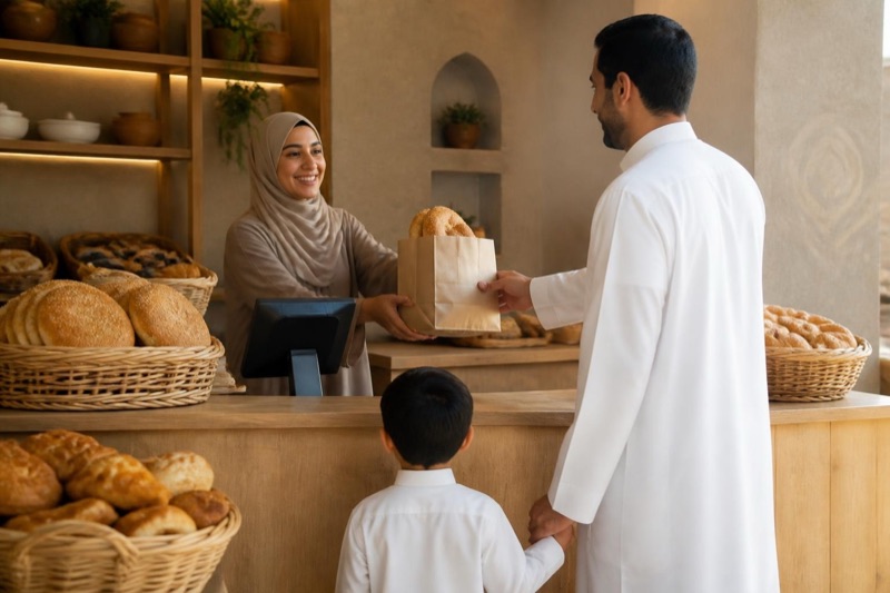 كاشيرة مخبز بحجاب تسلّم كيس خبز ورقيًا عبر الطاولة إلى أب مبتسم مع ابنه الصغير.