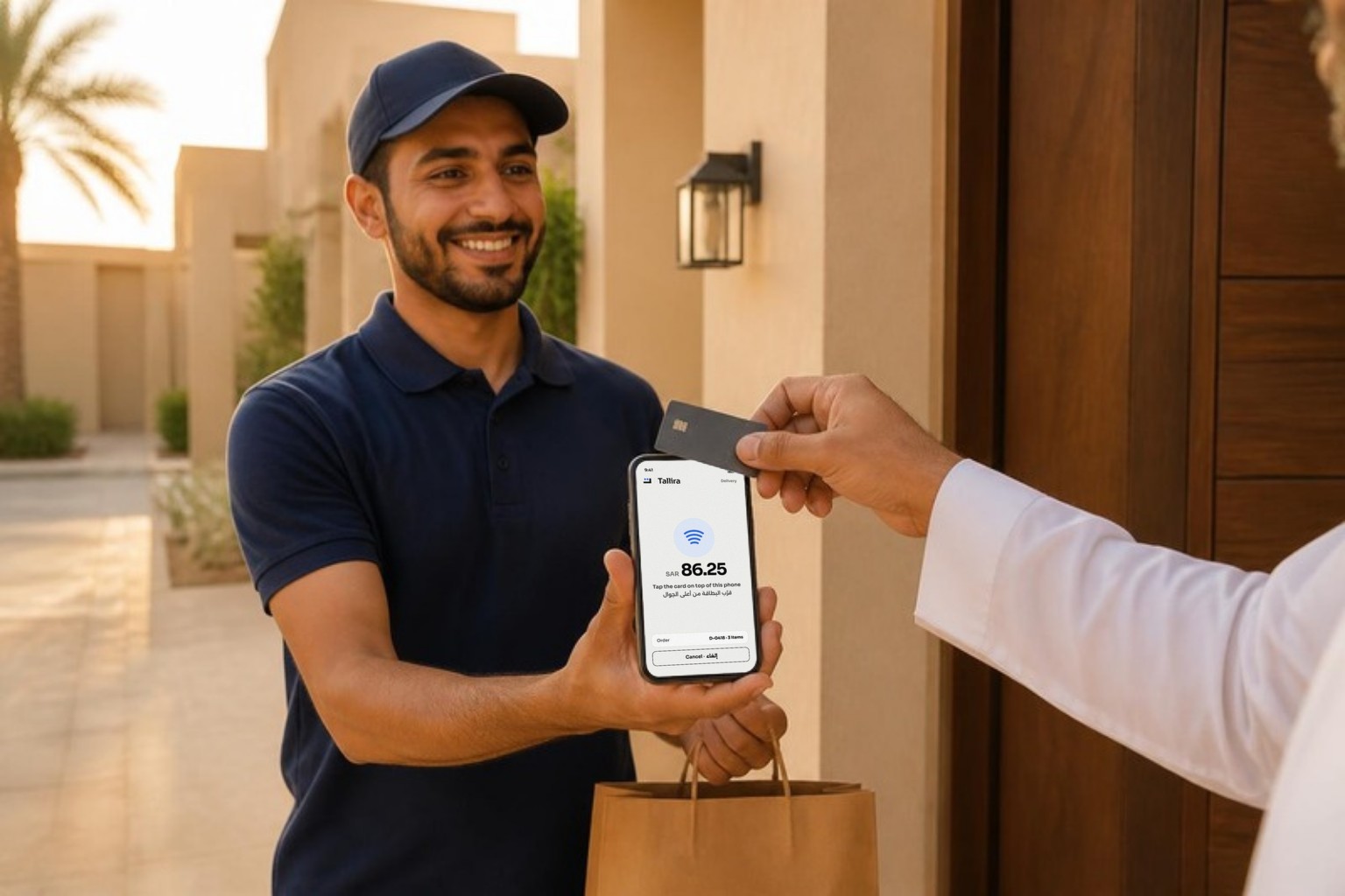 At a villa door, a smiling courier holds out a phone showing Tallira's pay screen, and the customer taps a card on top of it to pay for the delivery.