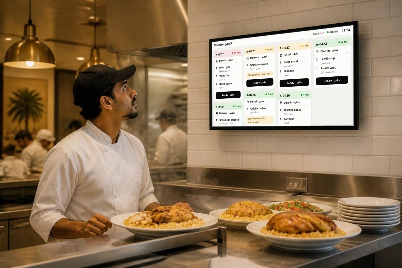 A cook in a white jacket at a restaurant's kitchen pass looks up at the kitchen screen on the wall, its orders in columns of dine-in, parcel and delivery tickets, above plates of chicken kabsa.