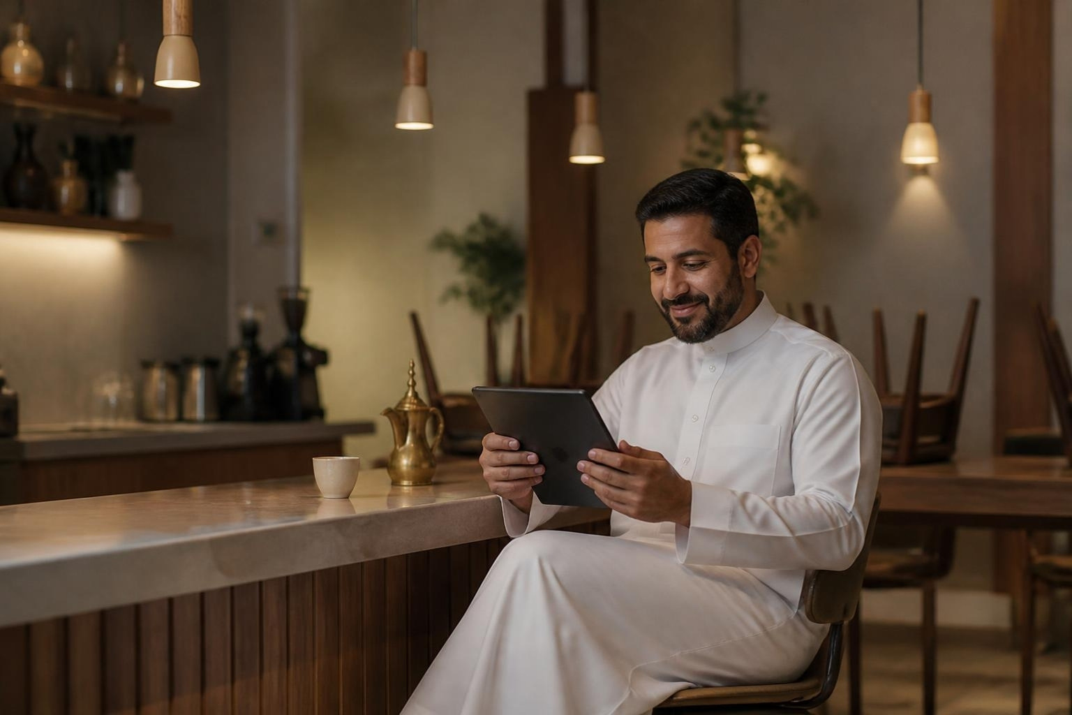 بعد الإغلاق، صاحب مقهى بثوب أبيض يجلس خلف طاولته ينظر في تابلت، وبجانبه فنجان قهوة عربية ودلّة نحاسية.