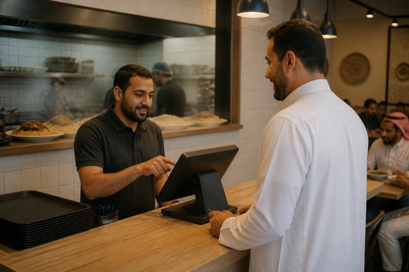 مطعم عائلي وقت الغداء، الكاشير يضغط على شاشة الجهاز الموجّهة بعيدًا عن الكاميرا، وعميل ينتظر عند الطاولة، وبخار المطبخ يتصاعد في الخلف.