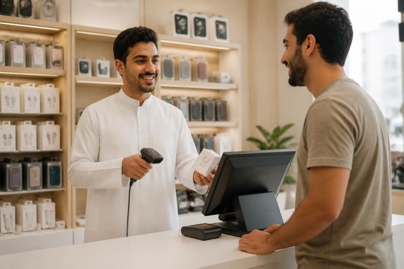 صاحب محل بثوب أبيض يمسح علبة إكسسوار جوال بقارئ يدوي، وعميل مبتسم ينتظر، وشاشة الكاشير موجّهة بعيدًا عن الكاميرا.