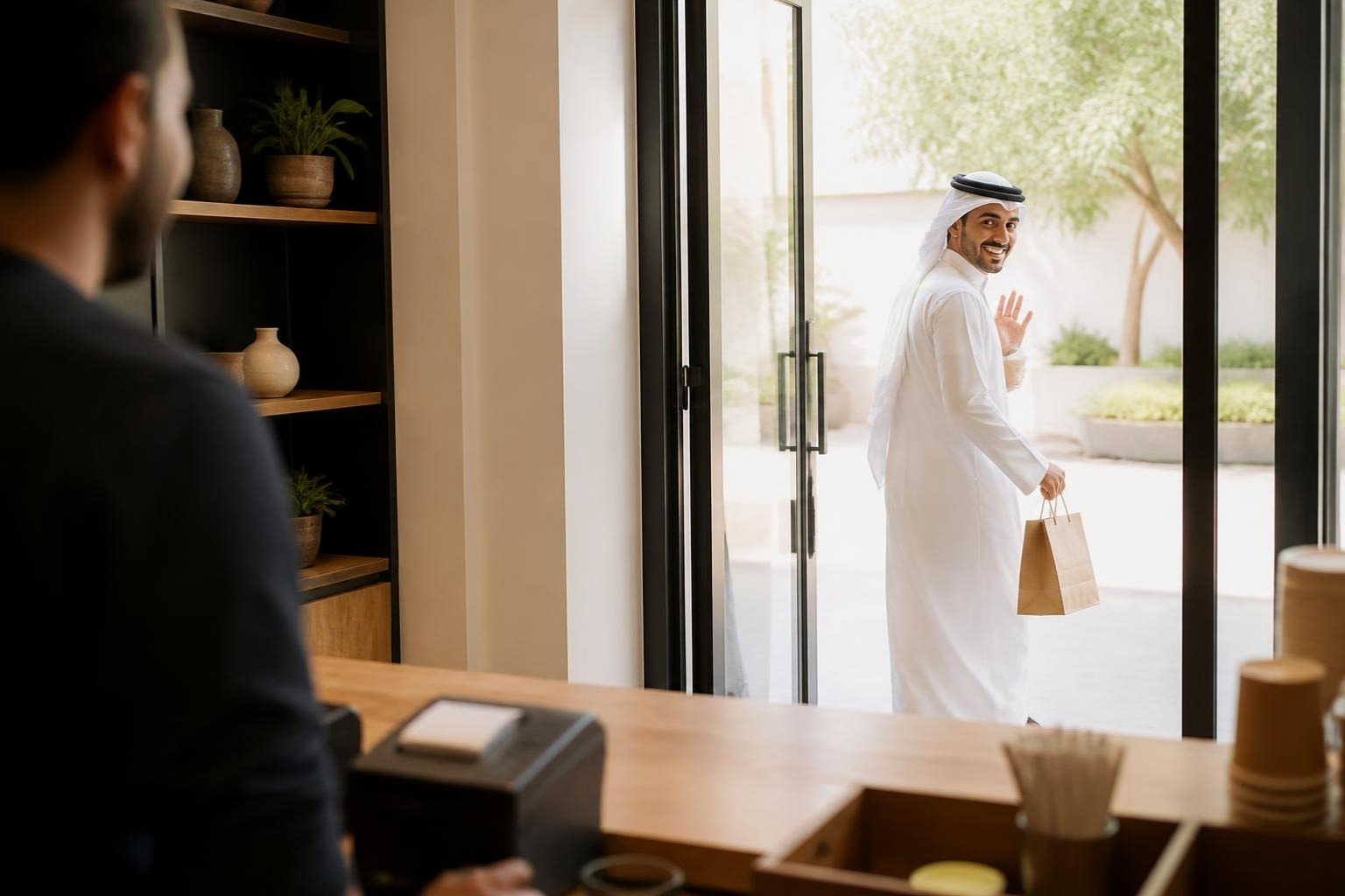 من خلف الطاولة، عميل بثوب أبيض وغترة يخرج من الباب الزجاجي إلى ضوء النهار ومعه كيس ورقي، ويبتسم وهو يلتفت.